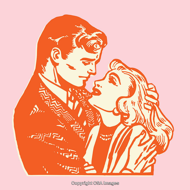 Romantic Retro Illustration of Couple Embracing in Vintage Style Art