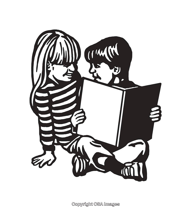 Black and White Illustration of Two Children Reading a Book Together