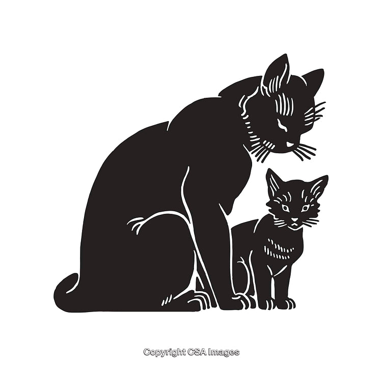 Black and White Line Art of Cat with Kitten Illustration