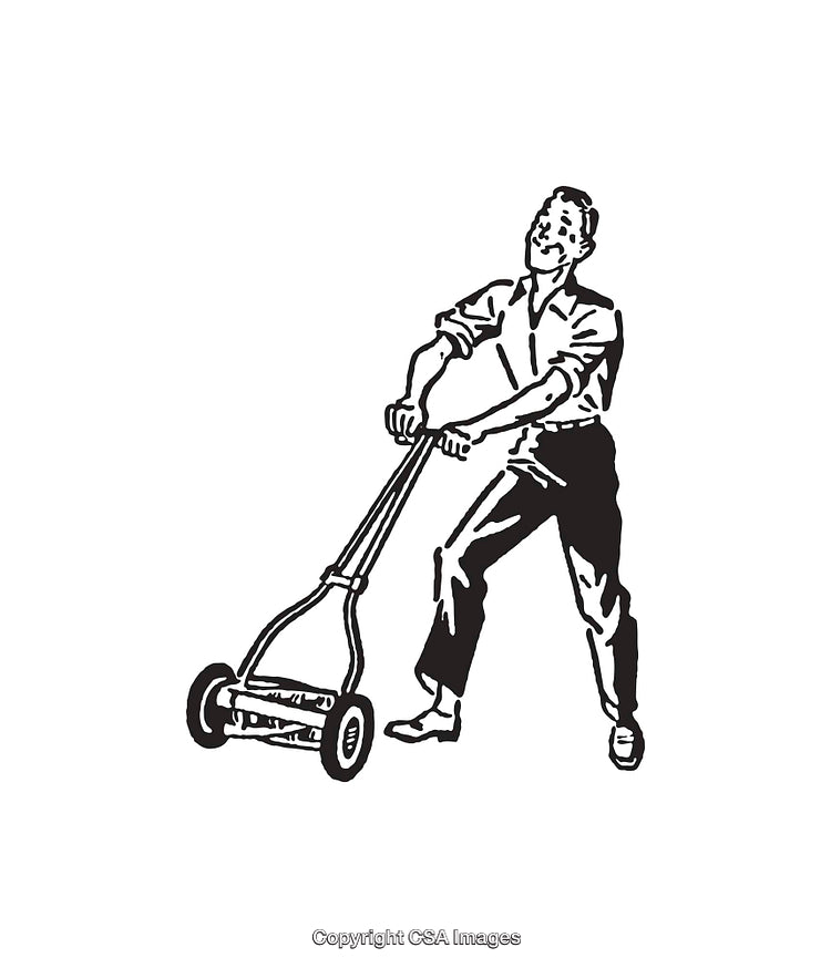 Vintage Black and White Line Art of a Man with Lawn Mower