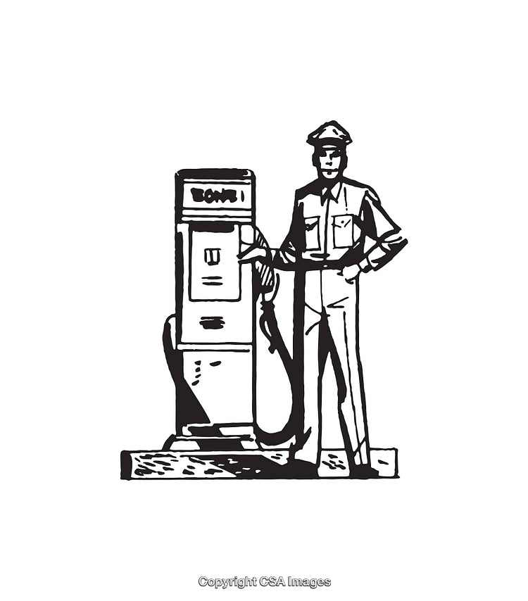 Vintage Gas Station Attendant and Pump Line Art Illustration