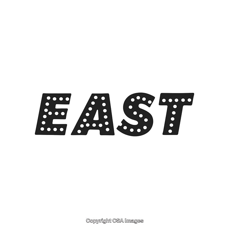 Stylized Word 'East' in Retro Typography with Circular Patterns