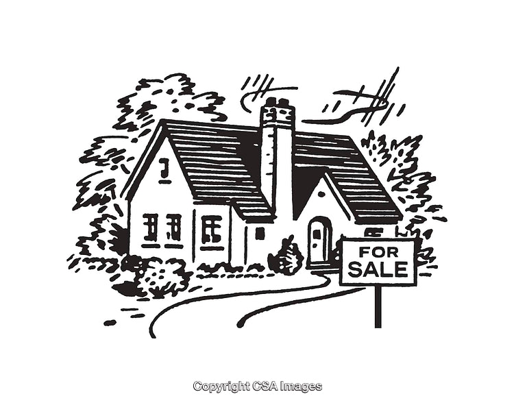 Black and White Real Estate Illustration of House with For Sale Sign