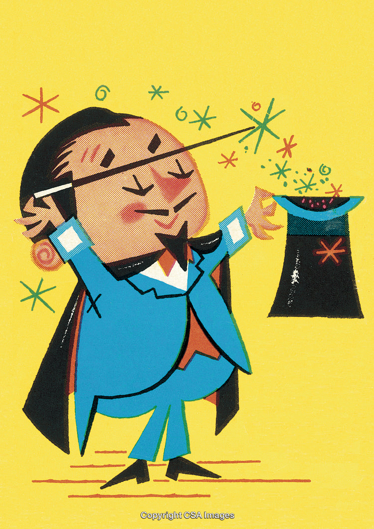 Colorful Illustration of a Magician Performing a Magic Trick with a Wand