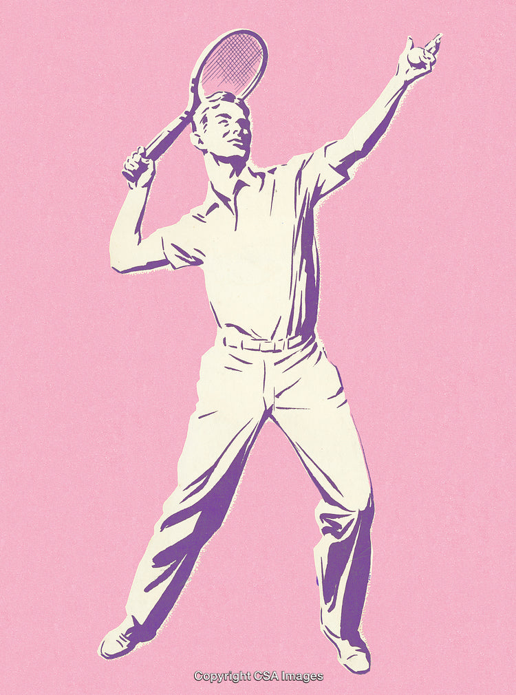 Vintage Illustration of a Tennis Player Preparing to Serve on Pink Background
