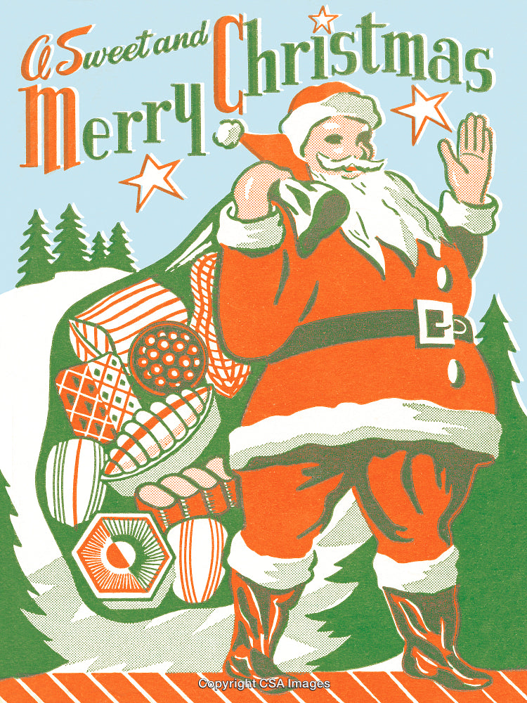 Vintage Illustration of Santa Claus with Gifts and Holiday Cheer