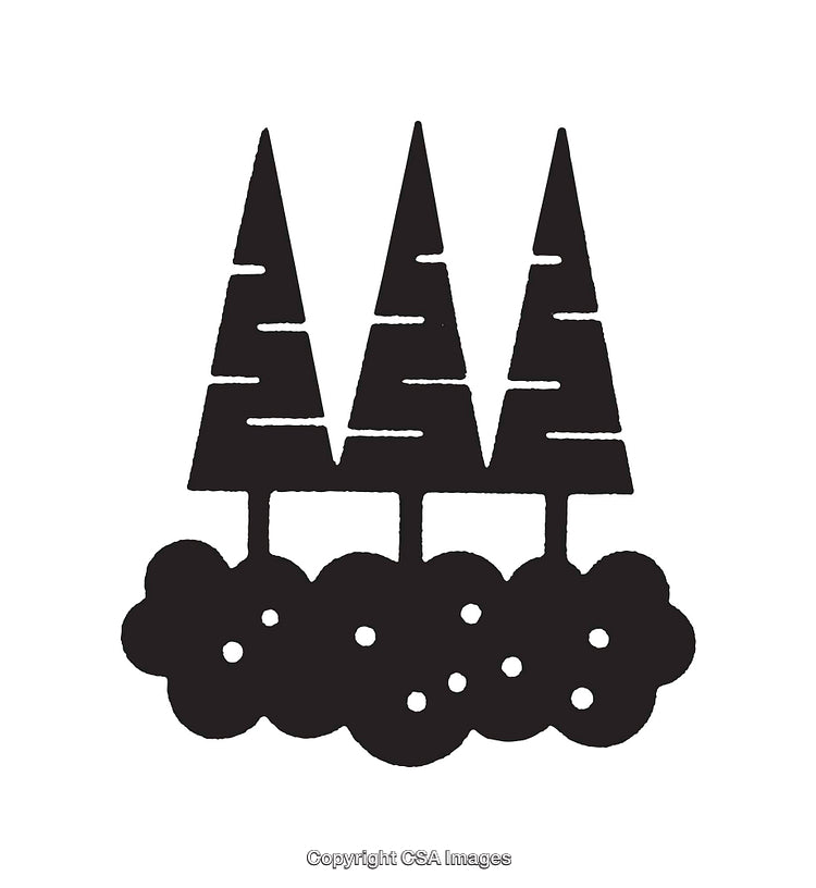 Black and White Line Art Illustration of Stylized Pine Trees