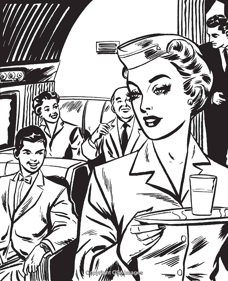 Retro Flight Scene with Passengers and Flight Attendant in Black and White Illustration