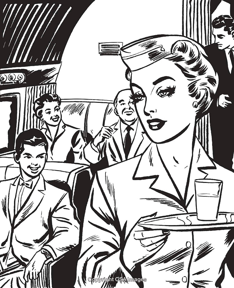 Retro Flight Scene with Passengers and Flight Attendant in Black and White Illustration