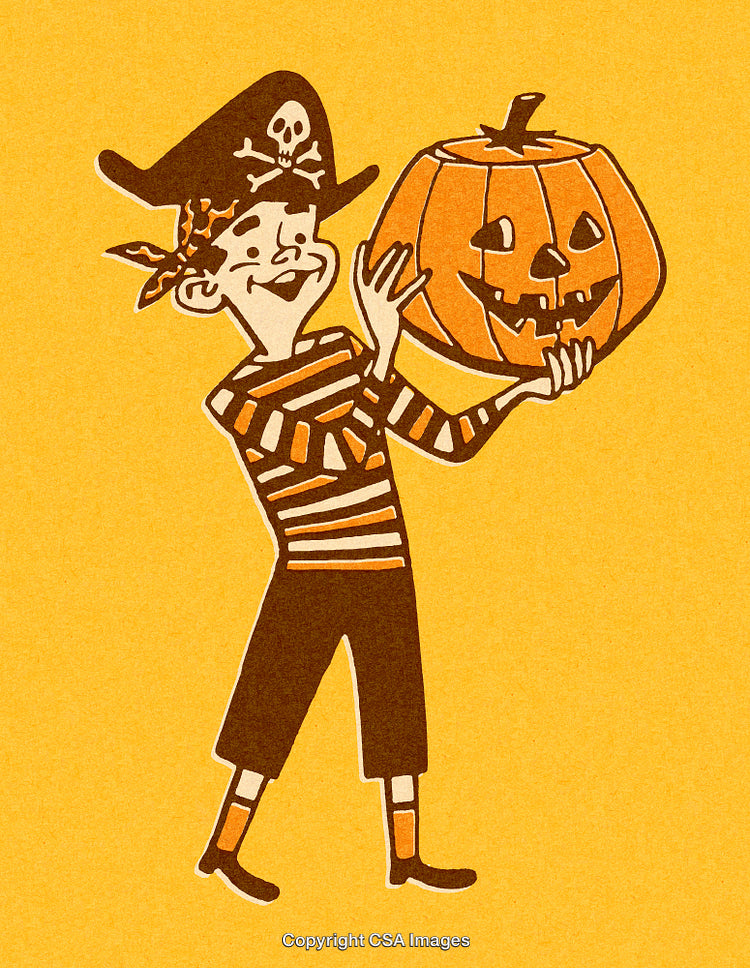 Cheerful Pirate Holding a Jack-O'-Lantern on a Festive Yellow Background