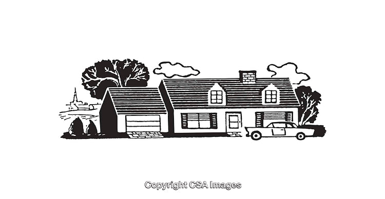 Black and White Line Art of a Suburban House with Car and Trees