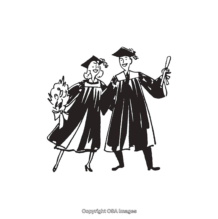 Black and White Illustration of Graduates in Cap and Gown Celebrating