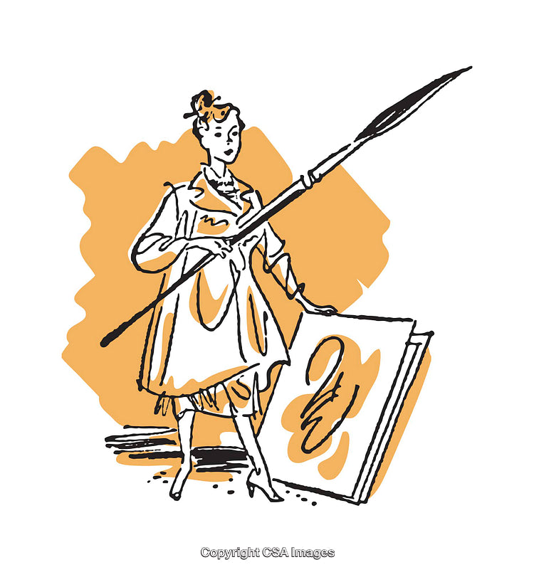 Illustration of Artistic Woman With Large Brush and Book in Vibrant Colors