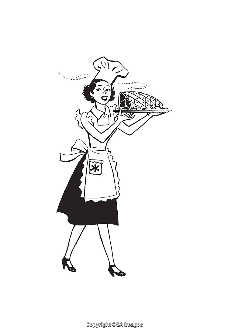 Retro Cook Holding a Turkey Pie in Black and White Illustration