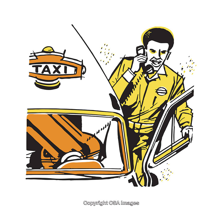 Illustration of a Taxi Driver Speaking on a Mobile Phone Next to a Car