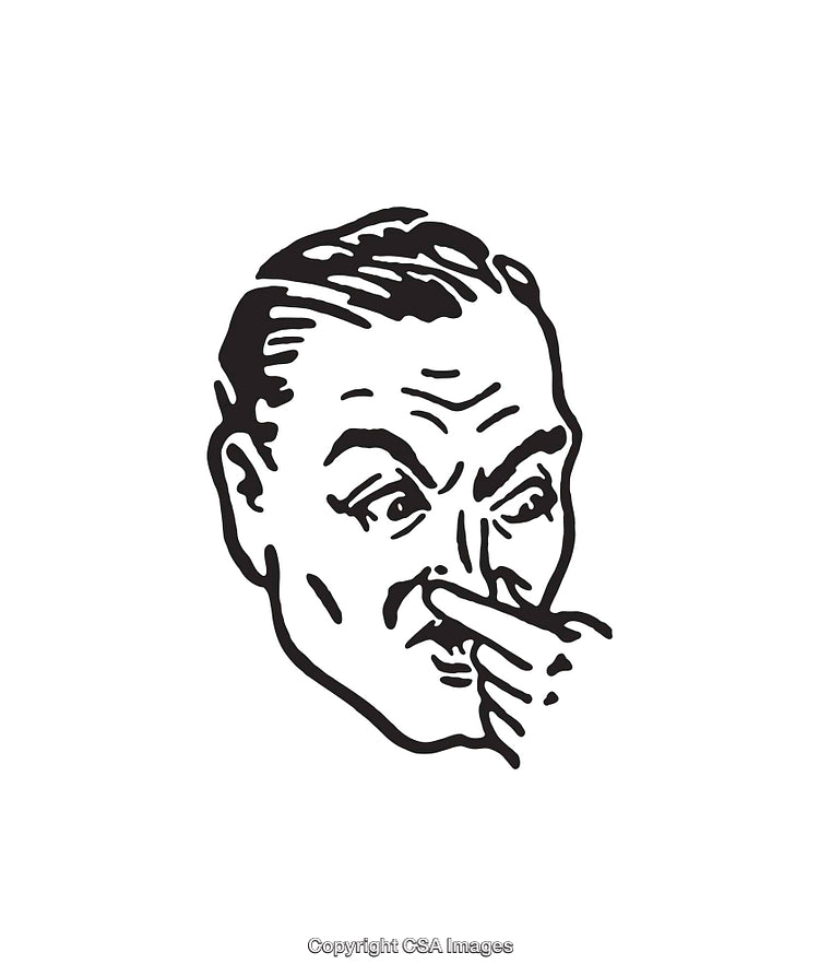 Black And White Line Art Illustration of a Man Holding His Nose