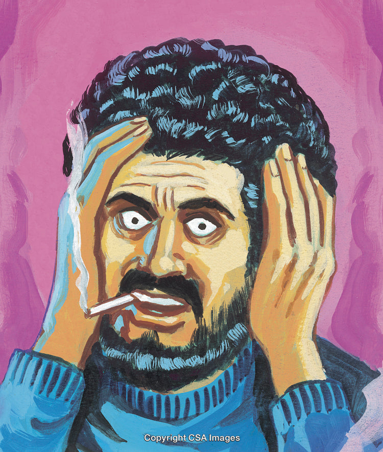 Illustration of an Anxious Man with Smoking Cigarette and Chaotic Background