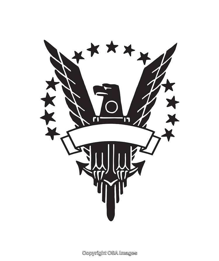 Black and White Eagle Emblem Design with Stars and Banner