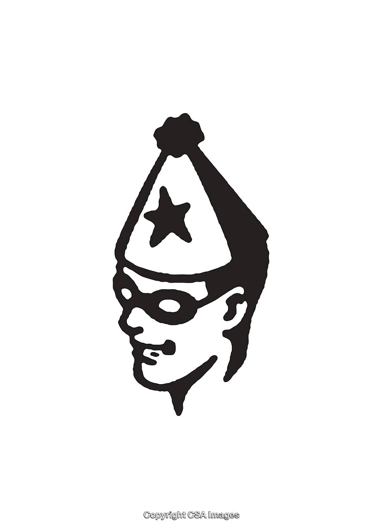 Black and White Line Art of a Party Hat Figure with Star