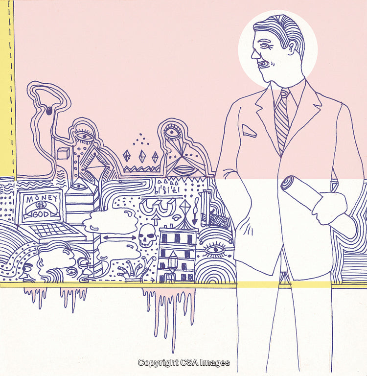 Abstract Art Featuring a Man in Formal Attire Surrounded by Surreal Elements
