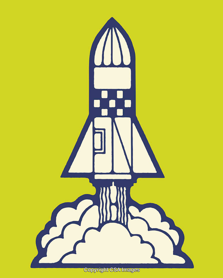 Colorful Line Art Illustration of Space Rocket Launching Mid Liftoff