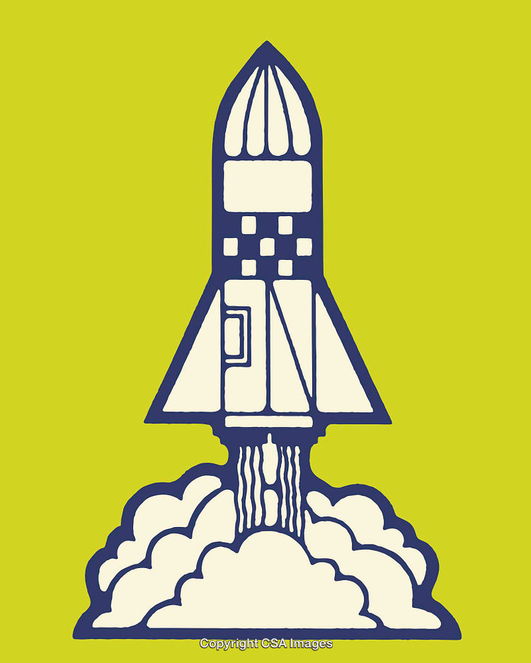 Colorful Line Art Illustration of Space Rocket Launching Mid Liftoff