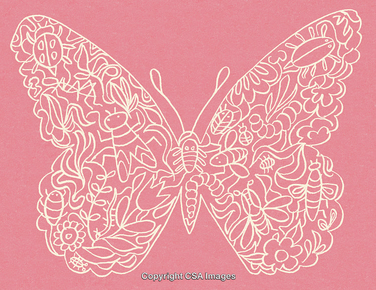 Intricate Butterfly Illustration Composed of Floral Patterns and Abstract Elements