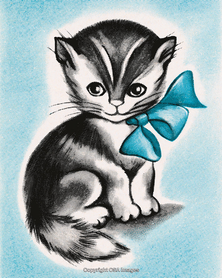 Vintage Illustration of a Kitten with a Bow in Retro Halftone Style