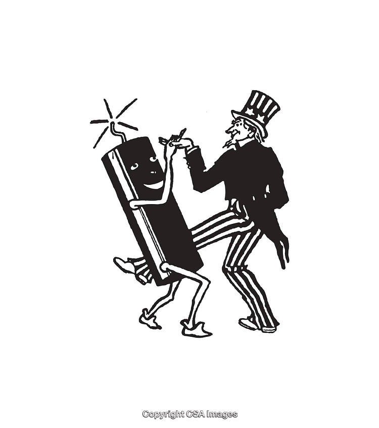 Whimsical Illustration of Uncle Sam Dancing with a Smiling Book Character