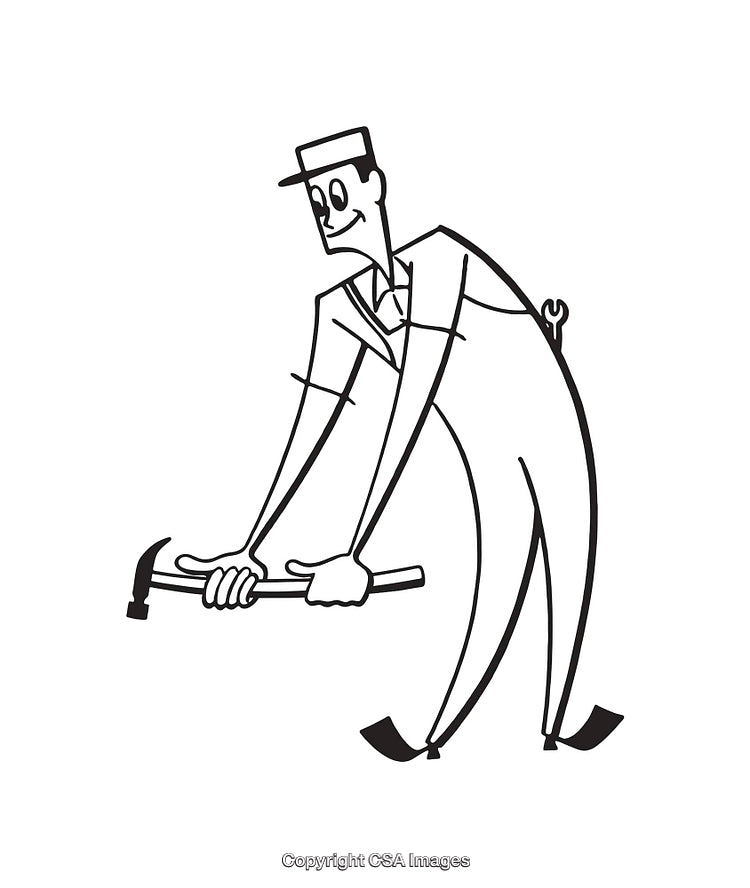 Black and White Line Art of a Worker Using a Tool
