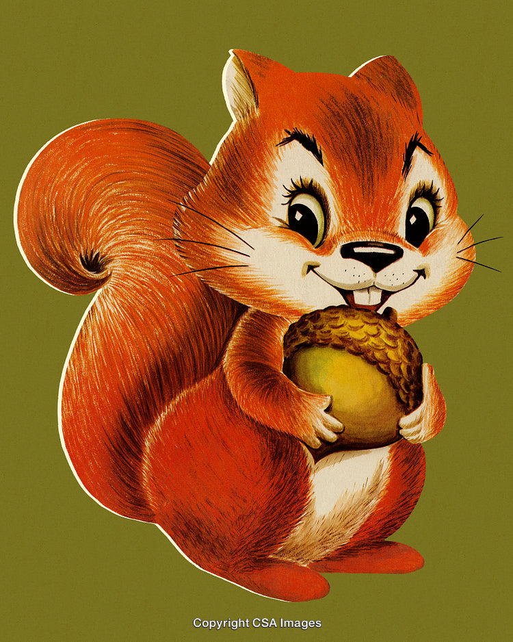Cute Cartoon Squirrel Holding a Large Acorn Against Green Background