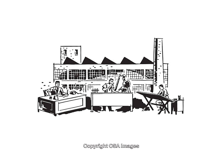 Illustration of Industrial Workers and Factory Buildings in Black and White Line Art