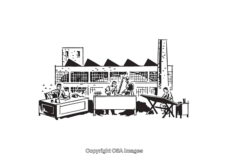 Illustration of Industrial Workers and Factory Buildings in Black and White Line Art