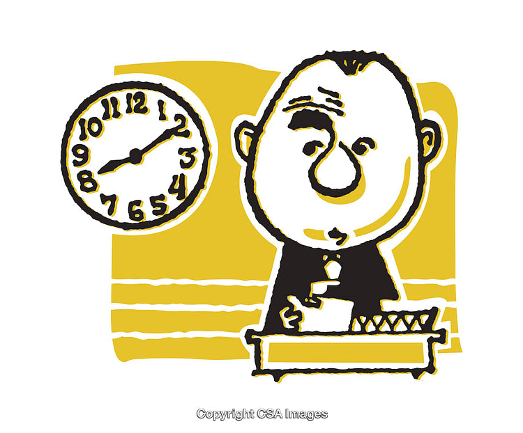 Illustration of Office Worker With Clock Displaying Time