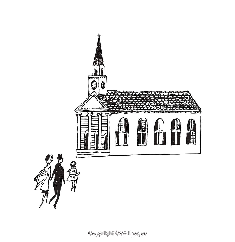 Black and White Line Art of a Family Walking to Church