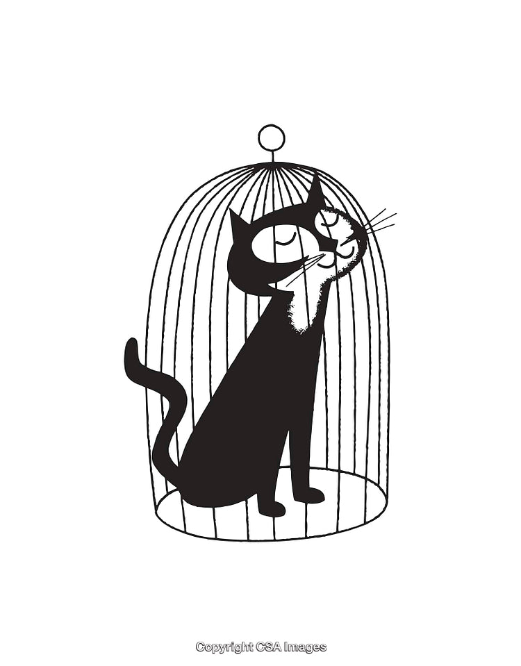 Silhouette Illustration of a Curious Cat in a Birdcage