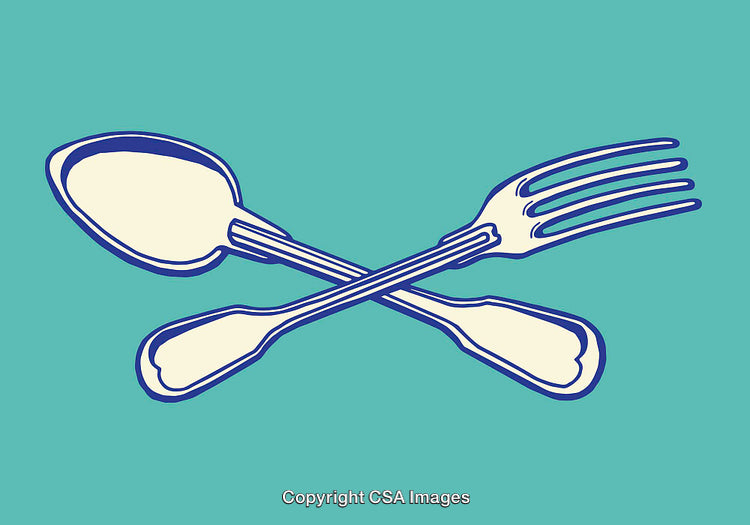 Stylized Illustration of Fork and Spoon Crossed on Teal Background