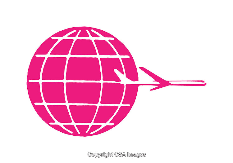 Pink Icon of a Plane Crossing a Globe Symbolizing Global Travel