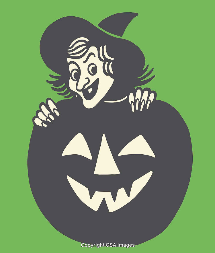 Retro Witch and Pumpkin Halloween Illustration on Green Background