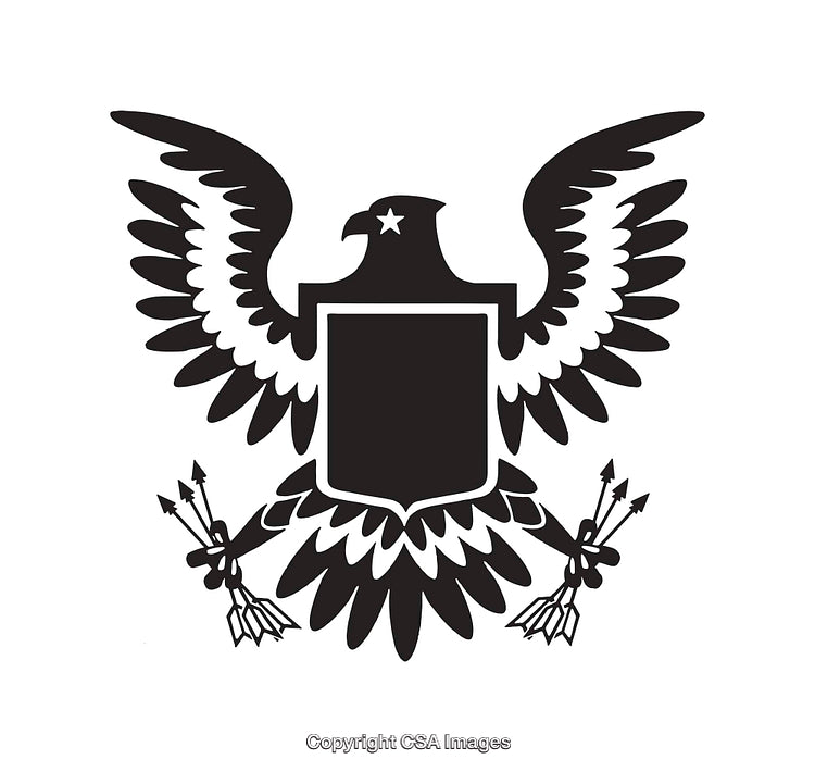 Black and White Eagle Crest Illustration with Shield and Arrows