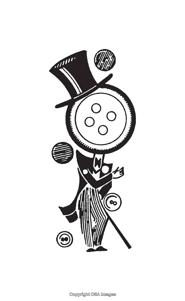 Whimsical Button Character in Formal Attire With Top Hat and Walking Cane