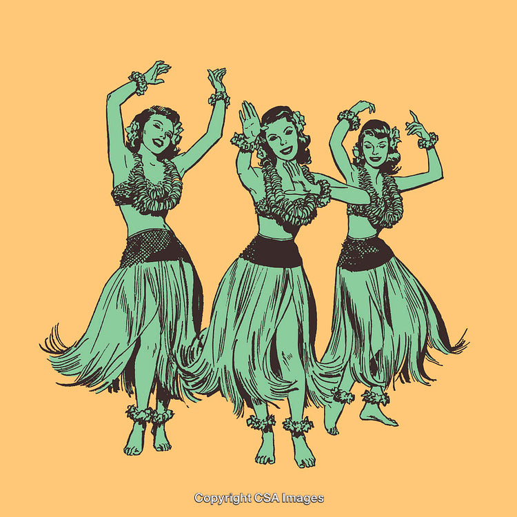 Three Women Performing Traditional Hula Dance in Colorful Line Art Illustration