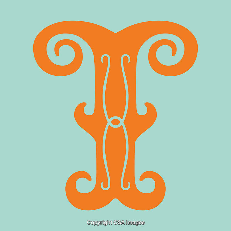 Intricate Orange Letter T Design with Floral Motifs on Blue Background