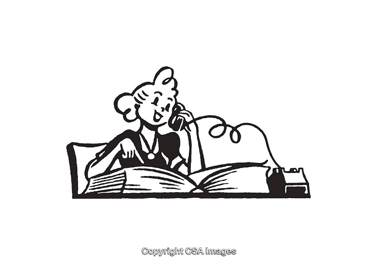Retro Black and White Line Art of Woman on Telephone With Book