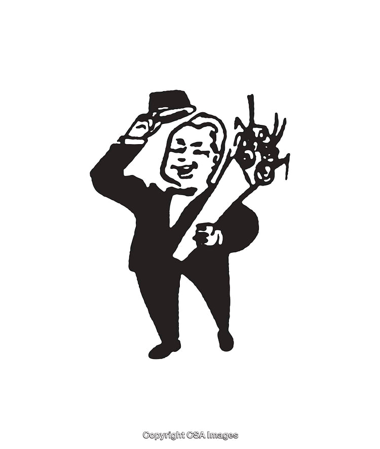 Black and White Gentleman in Suit Holding Flowers Line Art Illustration