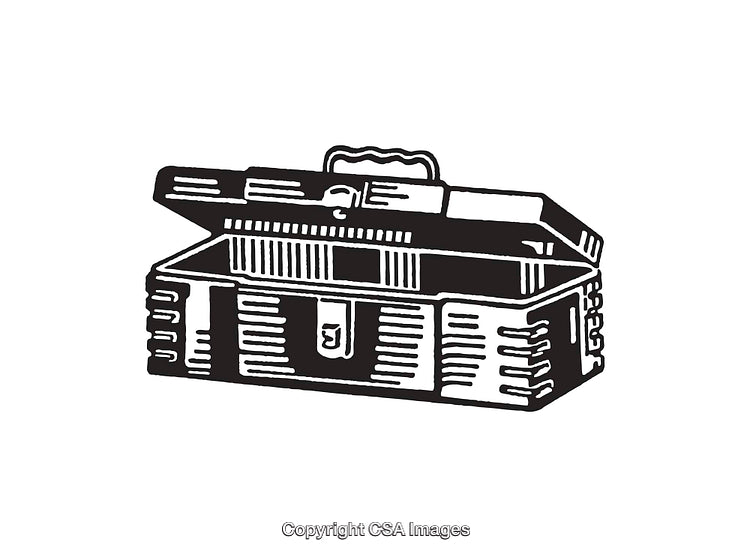 Vintage Black and White Illustration of an Open Tool Chest