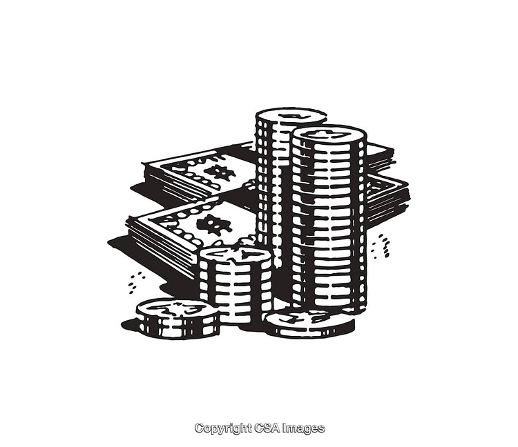 Black and White Line Art of Stacked Coins and Cash Illustration