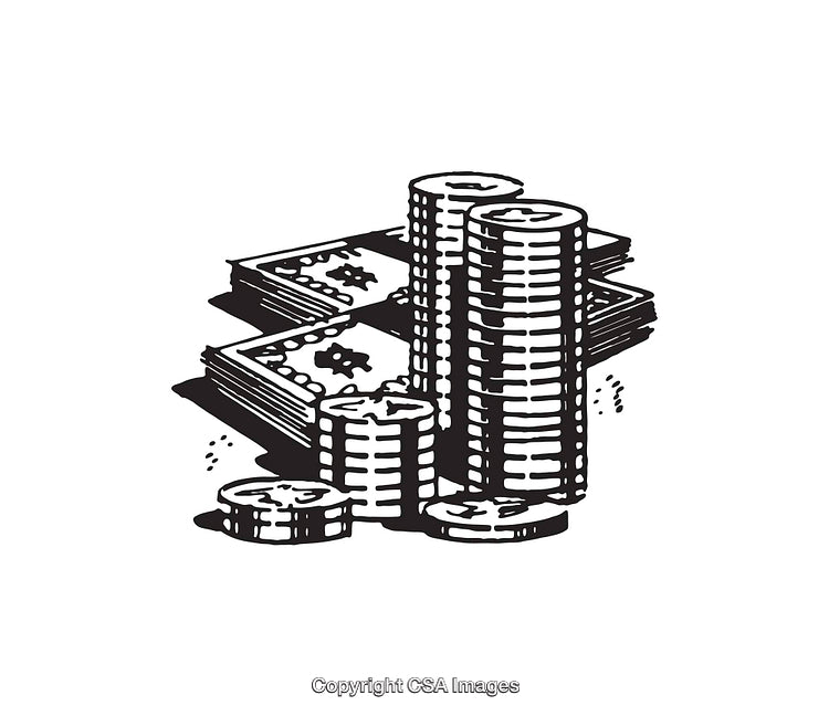 Black and White Line Art of Stacked Coins and Cash Illustration
