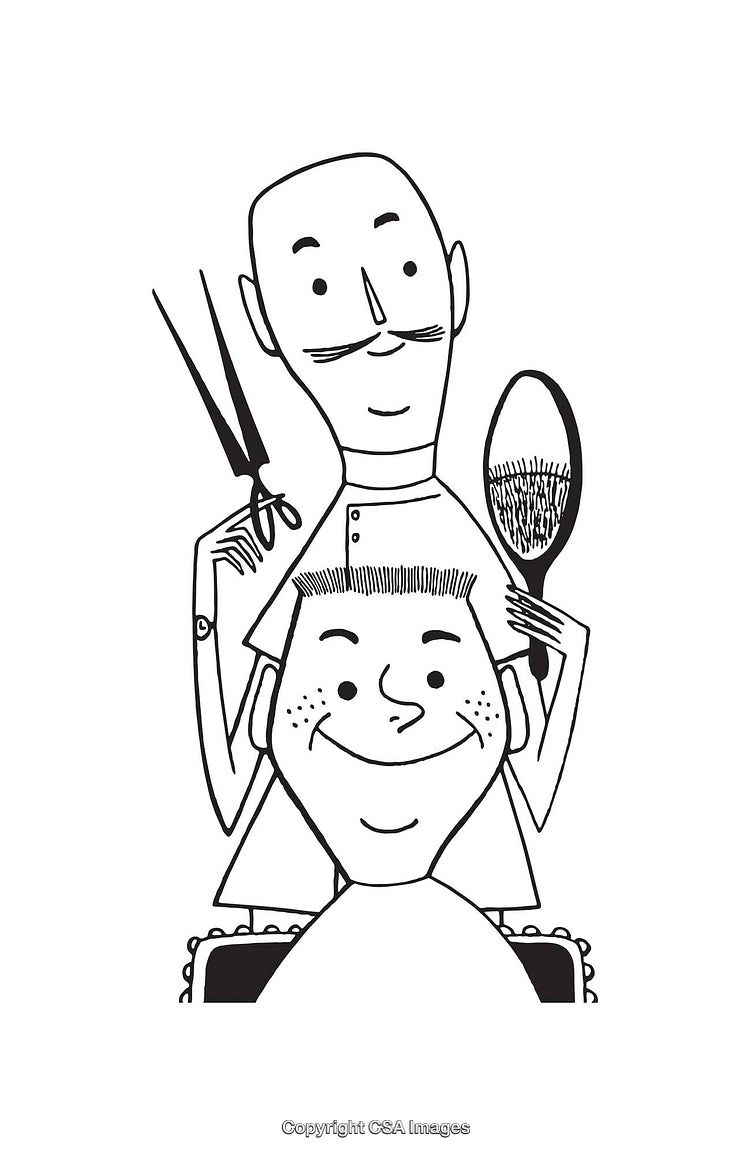 Illustrative Black and White Artwork of Barber with Smiling Client