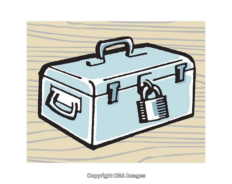 Illustrated Metal Toolbox Secured with Padlock on Wooden Background